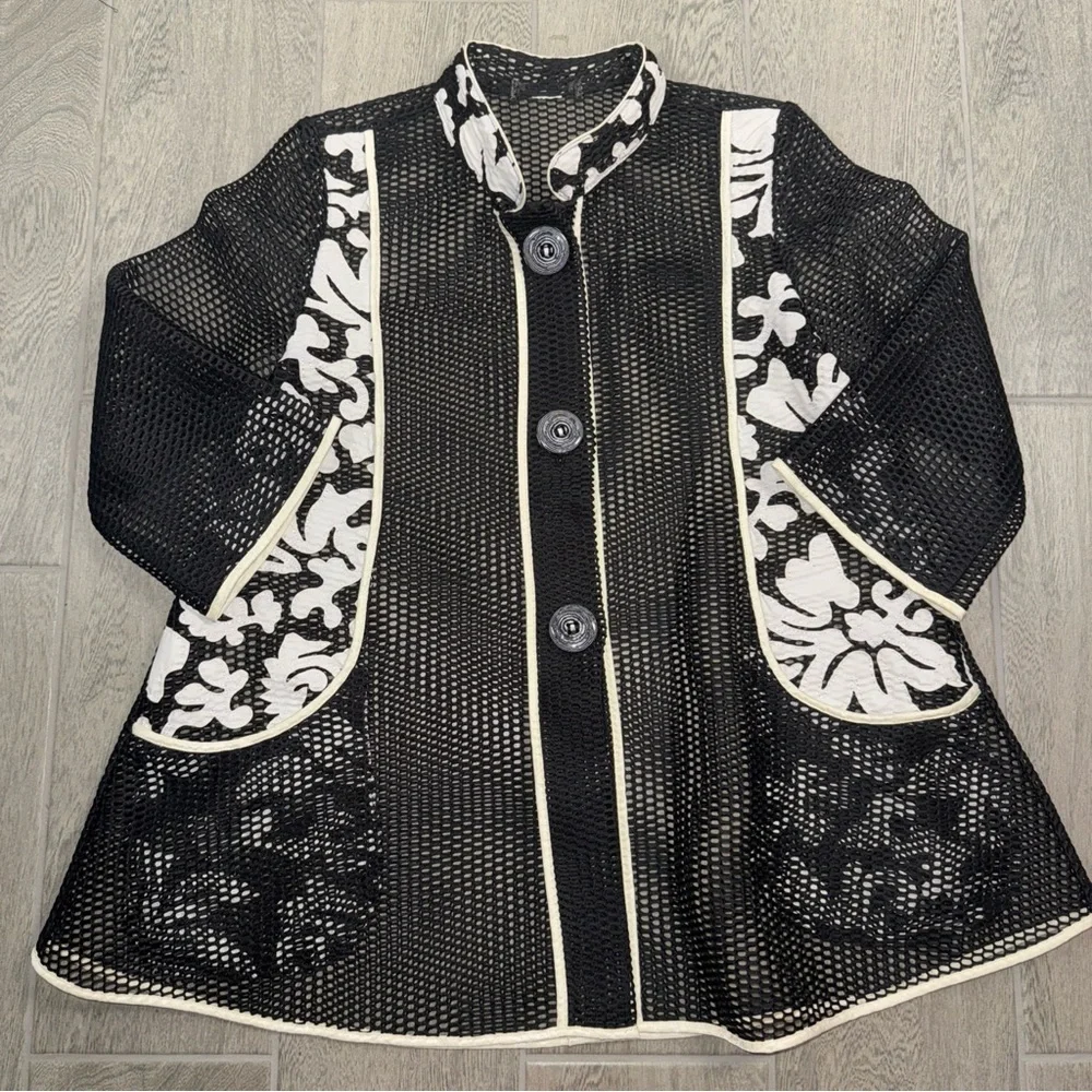 Haute Couture Paris Cardigan Medium Black White Ivory Sheer Art To Wear‎ *READ